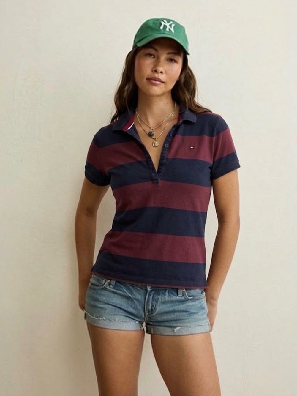 Tommy Hilfiger Navy and Burgundy Striped Rugby Polo